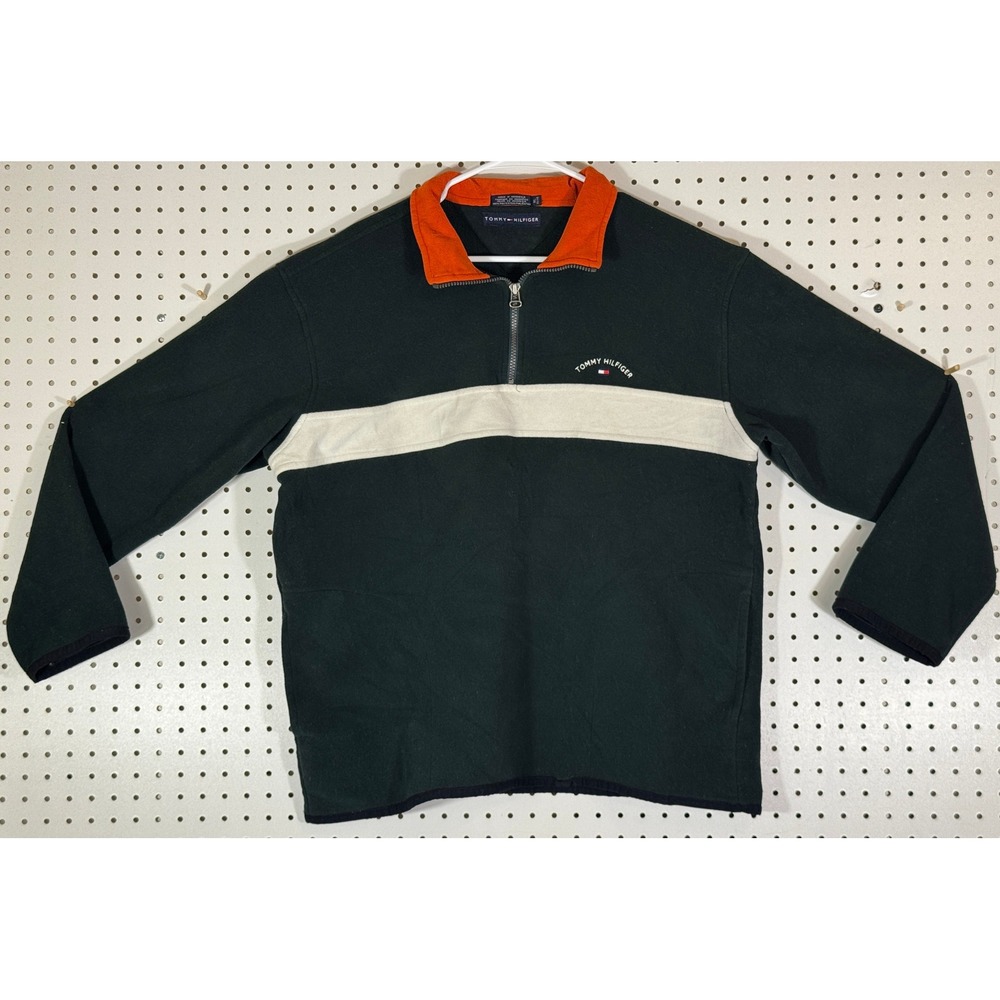 Vintage Y2K Tommy Hilfiger Mens XL 1/4 Zip Fleece Pullover Green Orange Stripe